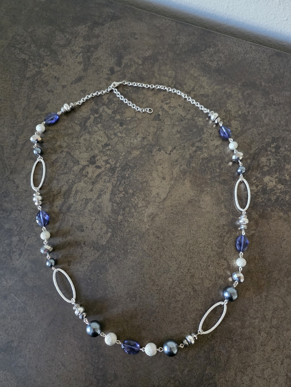 Long Chain Silver Colored Metal And Beaded Necklace